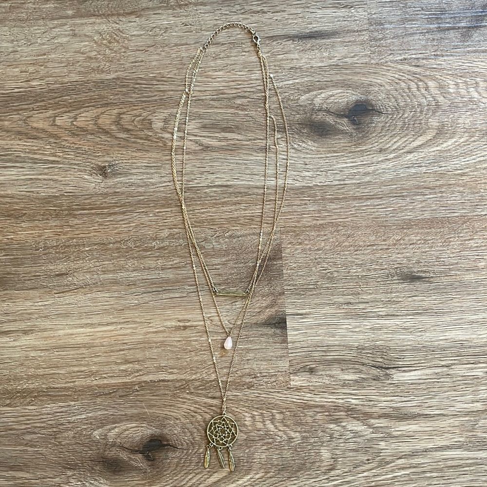 Handmade Gold Dreamcatcher Tiered Necklace with Pink Gemstone & Gold Bar Layers